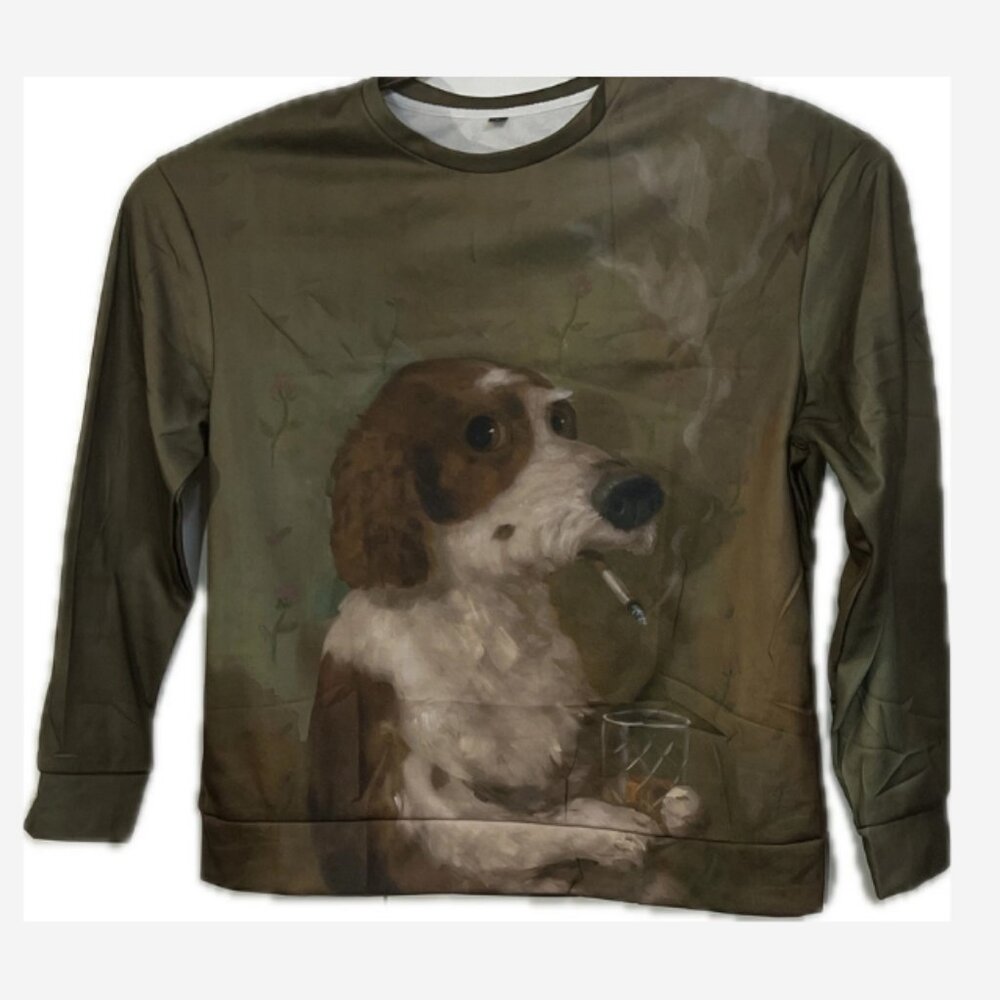 Sweatshirt Dog Smoking / Drinking Men's Size Large Green/Brown Polyester Novelty - Picture 2 of 3